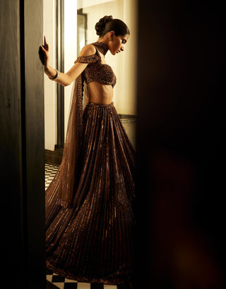 Copper Crystal Linear Embroidered Lehenga Set by Vvani By Vani Vats available on Indiaspopup.com