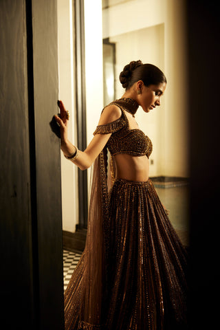 Copper Crystal Linear Embroidered Lehenga Set by Vvani By Vani Vats available on Indiaspopup.com