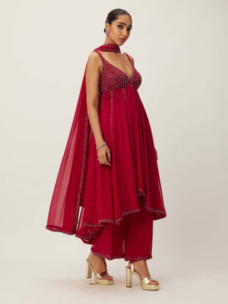 Ruby Red Crystal Embellished Kurta Set by Vvani By Vani Vats available on Indiaspopup.com