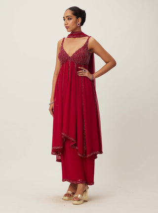 Ruby Red Crystal Embellished Kurta Set by Vvani By Vani Vats available on Indiaspopup.com