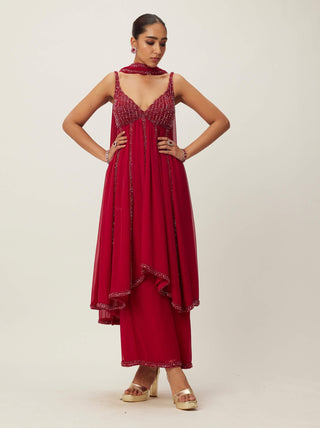 Ruby Red Crystal Embellished Kurta Set by Vvani By Vani Vats available on Indiaspopup.com