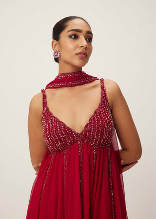 Ruby Red Crystal Embellished Kurta Set by Vvani By Vani Vats available on Indiaspopup.com