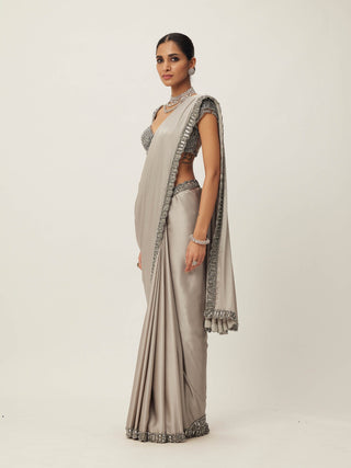 Crystal gray satin sari set