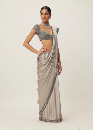 Crystal gray satin sari set