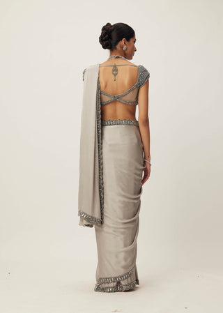 Crystal gray satin sari set