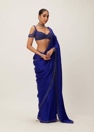 Cocktail Blue Satin Sari Set by Vvani By Vani Vats available on Indiaspopup.com