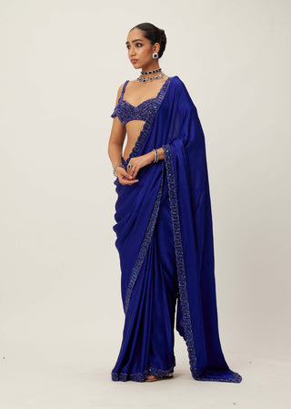 Cocktail Blue Satin Sari Set by Vvani By Vani Vats available on Indiaspopup.com