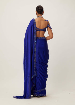 Cocktail Blue Satin Sari Set by Vvani By Vani Vats available on Indiaspopup.com