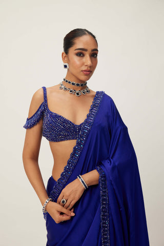 Cocktail Blue Satin Sari Set by Vvani By Vani Vats available on Indiaspopup.com