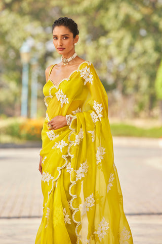 Vvani By Vani Vats-Moss Green Flower Sari And Blouse-INDIASPOPUP.COM