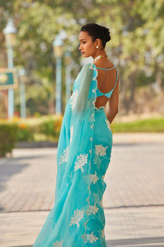 Vvani By Vani Vats-Blue Flower Sari And Blouse-INDIASPOPUP.COM