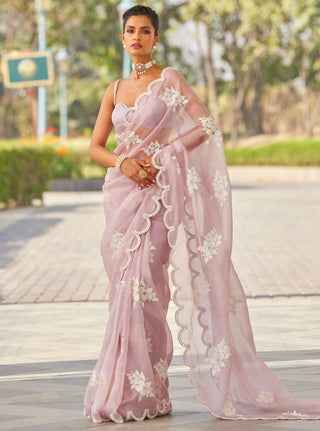 Vvani By Vani Vats-Powder Lilac Flower Sari And Blouse-INDIASPOPUP.COM