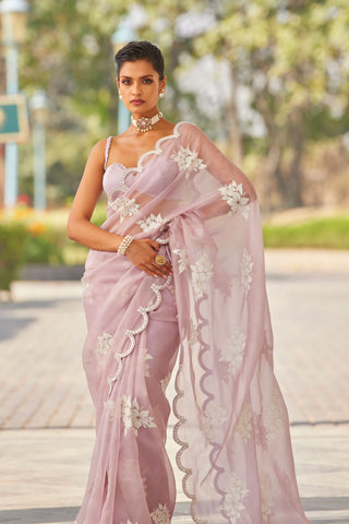 Vvani By Vani Vats-Powder Lilac Flower Sari And Blouse-INDIASPOPUP.COM