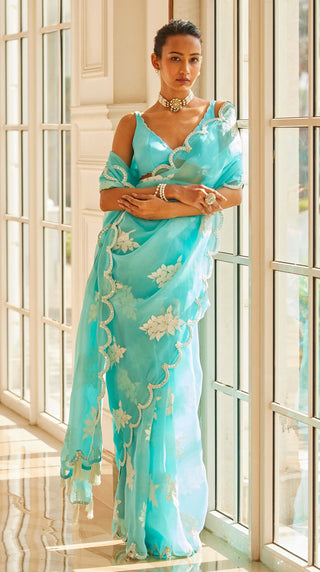 Vvani By Vani Vats-Blue Flower Sari And Blouse-INDIASPOPUP.COM