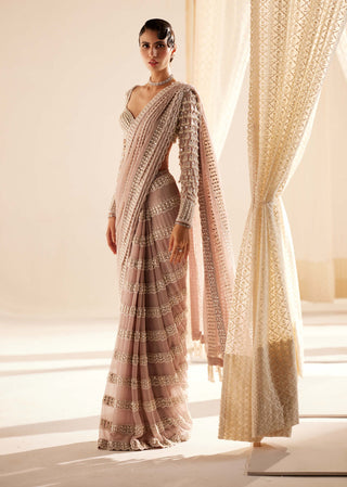 Vvani By Vani Vats-Ash Pink Chandelier Pearl Drop Sari And Blouse-INDIASPOPUP.COM