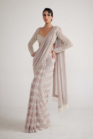 Vvani By Vani Vats-Ash Pink Chandelier Pearl Drop Sari And Blouse-INDIASPOPUP.COM