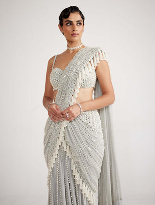 Vvani By Vani Vats-Powder Grey Chandelier Pearl Drop Sari And Blouse-INDIASPOPUP.COM