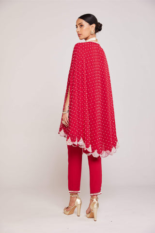 Vvani By Vani Vats-Crimson Red Asymmetrical Cape And Pants-INDIASPOPUP.COM