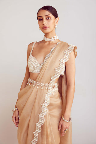 Vvani By Vani Vats-Beige Pearl Embellished Sari And Sweetheart Blouse-INDIASPOPUP.COM