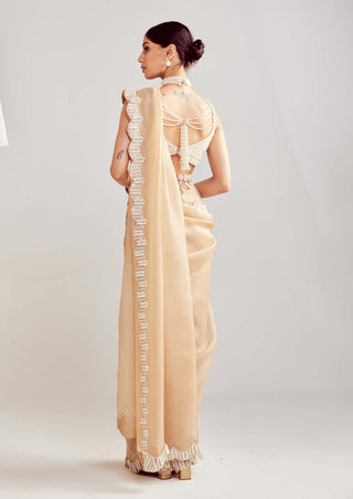 Vvani By Vani Vats-Beige Pearl Embellished Sari And Sweetheart Blouse-INDIASPOPUP.COM