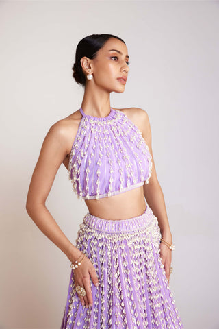 Vvani By Vani Vats-Lilac Chandelier Pearl Lehenga Set-INDIASPOPUP.COM