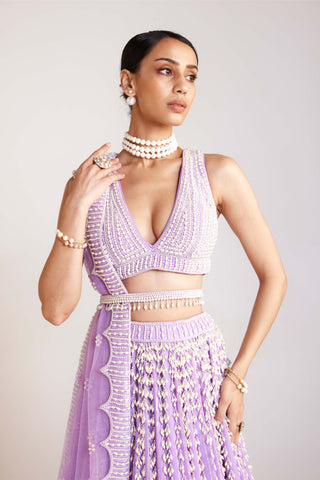 Vvani By Vani Vats-Lilac Chandelier Pearl Lehenga Set-INDIASPOPUP.COM