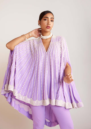 Vvani By Vani Vats-Pearl Lilac Cape And Pants-INDIASPOPUP.COM