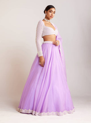 Vvani By Vani Vats-Lilac Pearl Embellished Organza Lehenga Set-INDIASPOPUP.COM