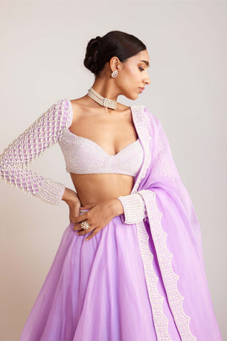 Vvani By Vani Vats-Lilac Pearl Embellished Organza Lehenga Set-INDIASPOPUP.COM