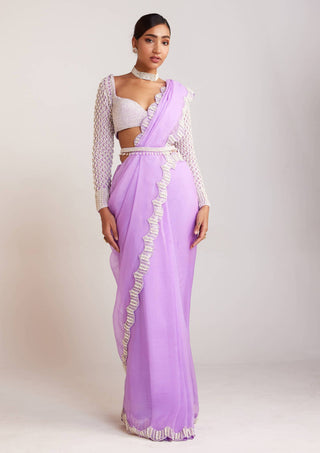 Vvani By Vani Vats-Lilac Pearl Embellished Sari And Blouse-INDIASPOPUP.COM