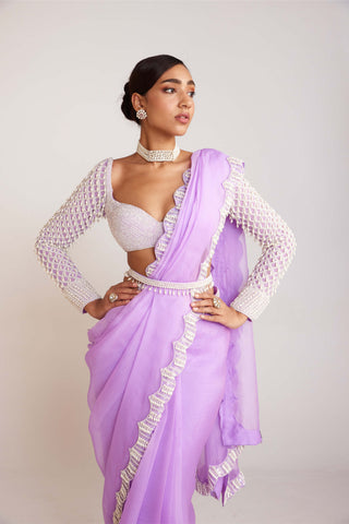 Vvani By Vani Vats-Lilac Pearl Embellished Sari And Blouse-INDIASPOPUP.COM
