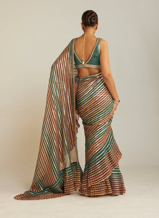 Vvani By Vani Vats-Mud Green Pre-Draped Sari And Blouse-INDIASPOPUP.COM