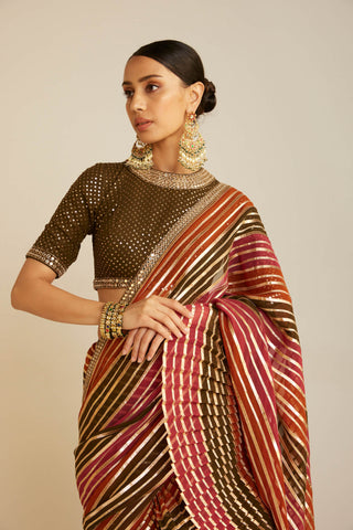 Vvani By Vani Vats-Olive Green Pre-Draped Sari And Blouse-INDIASPOPUP.COM
