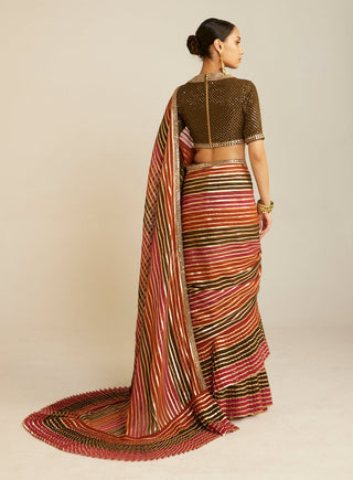 Vvani By Vani Vats-Olive Green Pre-Draped Sari And Blouse-INDIASPOPUP.COM