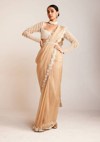 Vvani By Vani Vats-Beige Pearl Embellished Sari And Blouse-INDIASPOPUP.COM