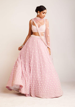 Vvani By Vani Vats-Powder Pink Pearl Flower Lehenga Set-INDIASPOPUP.COM