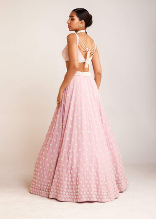 Vvani By Vani Vats-Powder Pink Pearl Flower Lehenga Set-INDIASPOPUP.COM