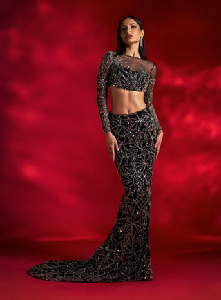 Viktoria black embroidery crop top and skirt