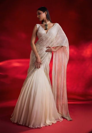 Venus Ivory Embellished Lehenga Sari Set by Charu & Vasundhara available on Indiaspopup.com