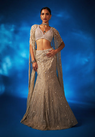 Valaria Champagne Gold Cape And Skirt Set by Charu & Vasundhara available on Indiaspopup.com