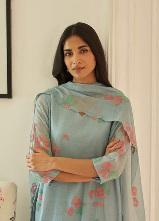 Sky floral applique kurta set