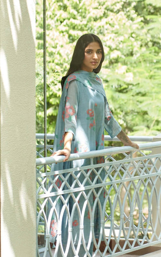 Sky floral applique kurta set