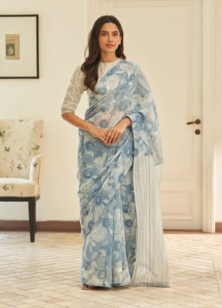 Powder blue floral sari and blouse