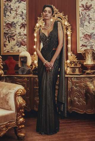 Vespera metallic black drape sari and blouse