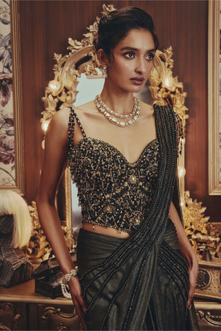 Vespera metallic black drape sari and blouse