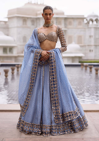 Dew blue cutwork sleeve lehenga set