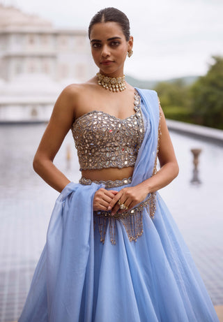 Dew blue organza lehenga corset set