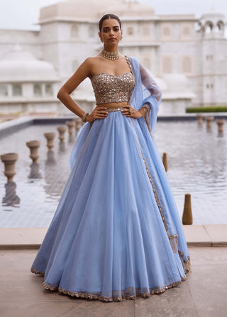 Dew blue organza lehenga corset set