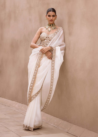 Off white satin organza cutwork border sari set