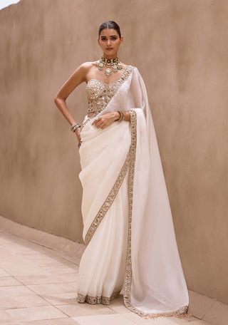 Off white satin organza cutwork border sari set